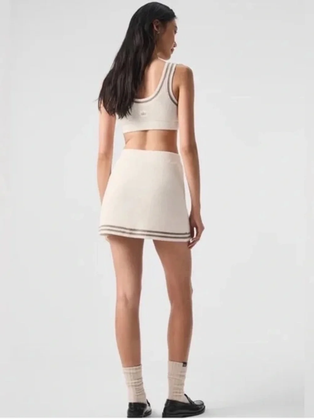 ALO Yoga Cream Ribbed Cropped Tank with Taupe Stripe Trim